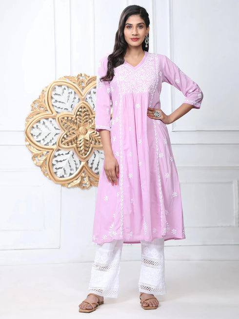 Noor Hand Embroidered Chikankari Long A-Line Kurti for Women- Lavender
